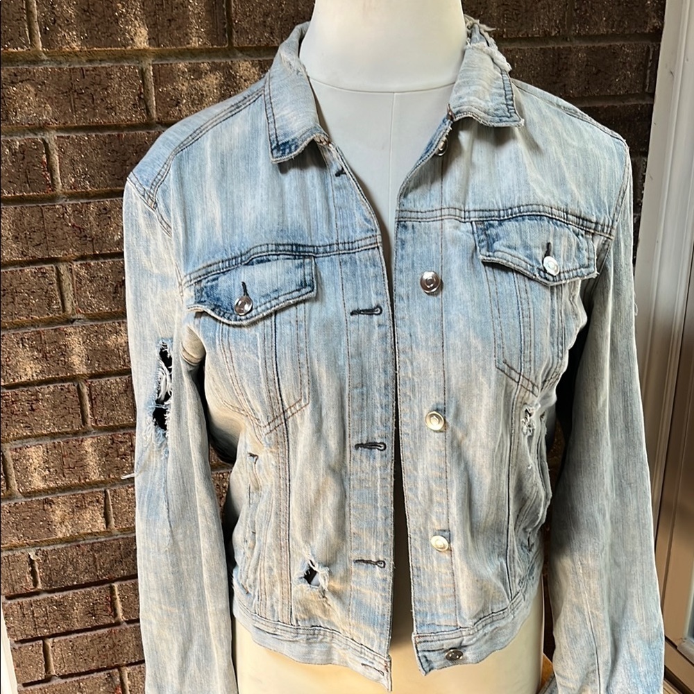 Bagatelle Blue Distressed Jean Jacket Classic Denim Style Embroidered back